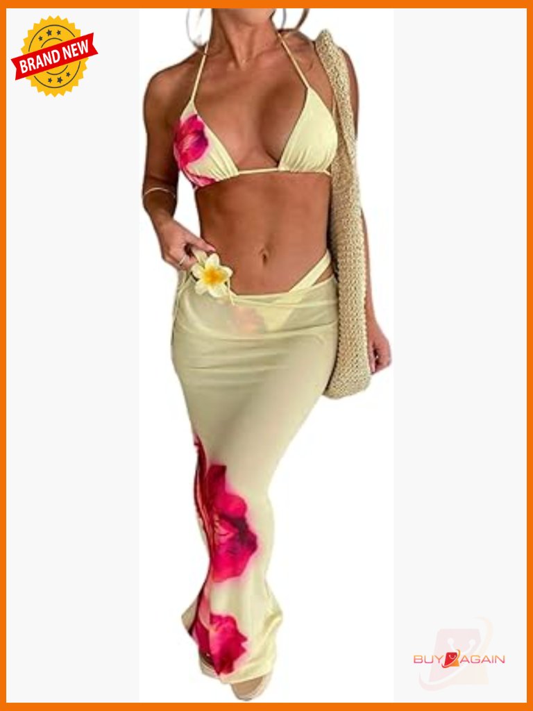 3 Piece Mesh Skirt Bikini Set Triangle Halter Tie Side Swimsuit Summer Beach